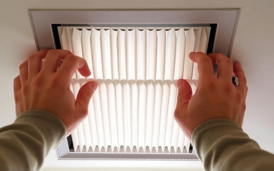 Hands installing a clean pleated air filter in a return vent