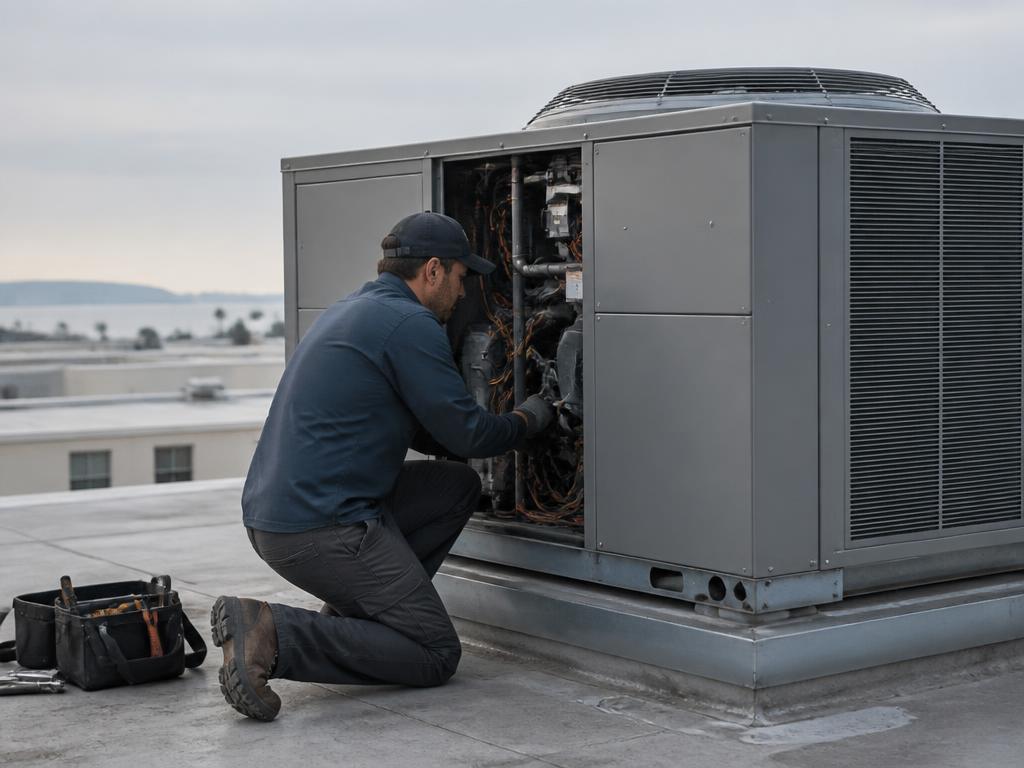 Technician servicing a rooftop air conditioning unit
