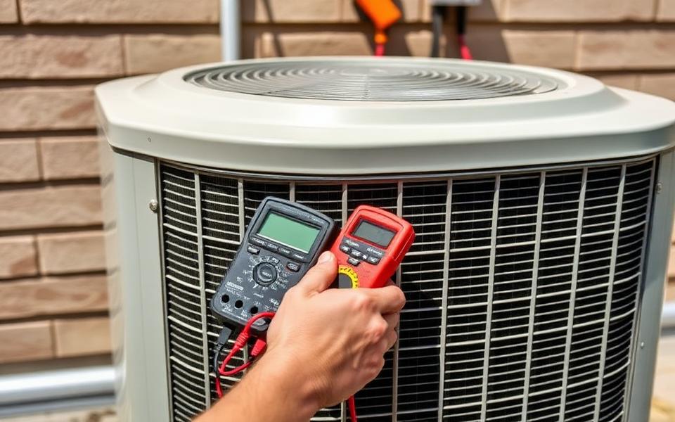 Technician testing an outdoor air conditioning unit